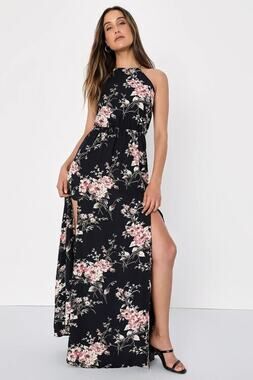 New Lulu's Dress Womens M Feel the Music Midnight Blue Black Floral Print Maxi
